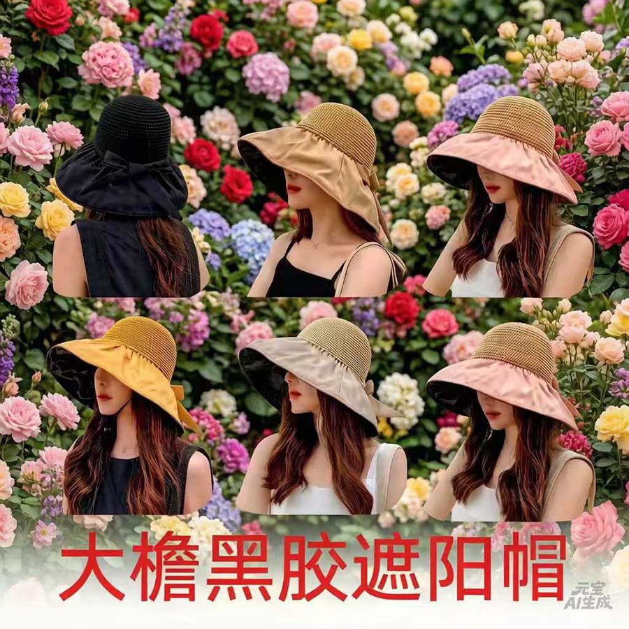 大檐黑胶飘带遮阳帽子